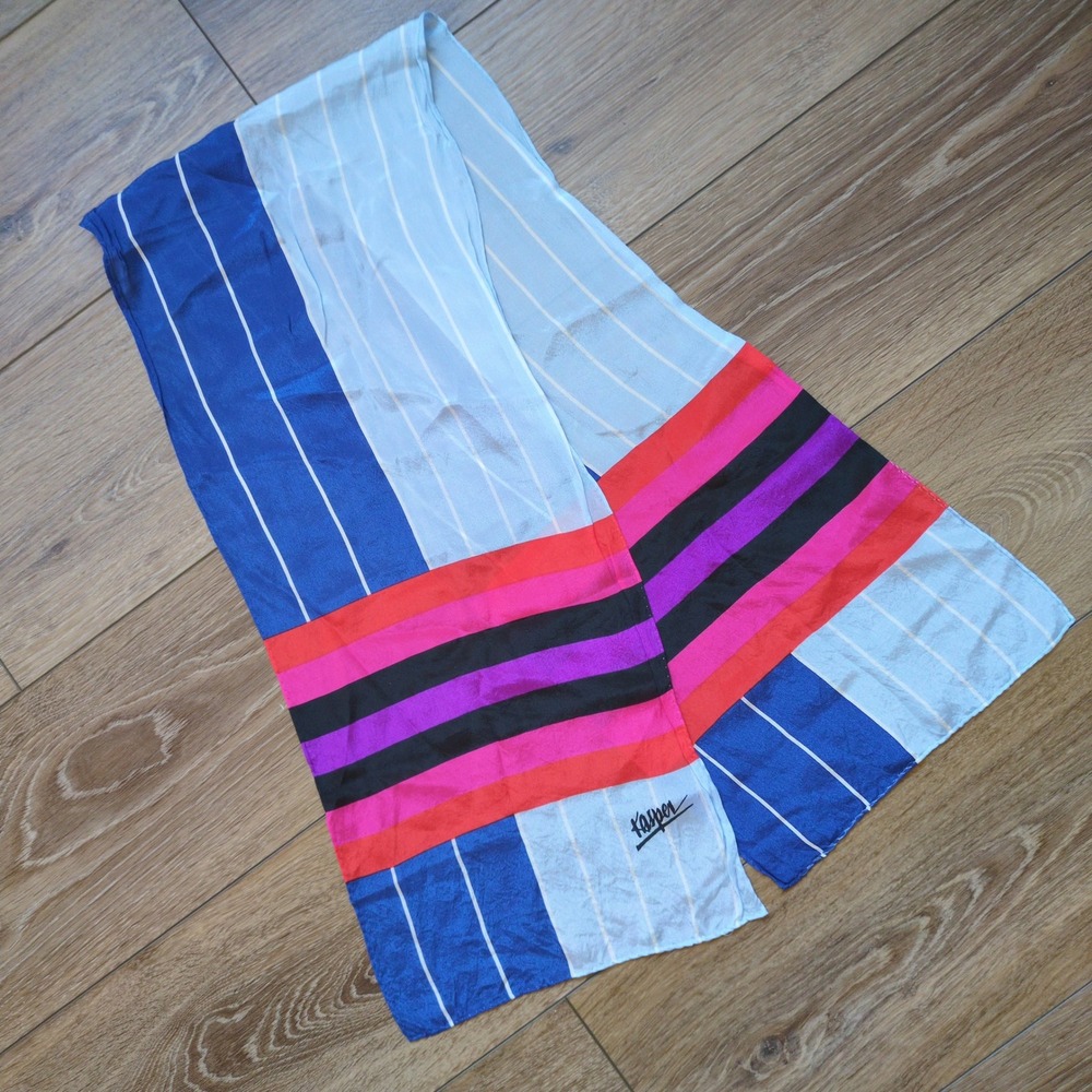 Vtg Kasper Oblong Silk Scarf Blue Red Pink Black Colorblock Striped Geometric